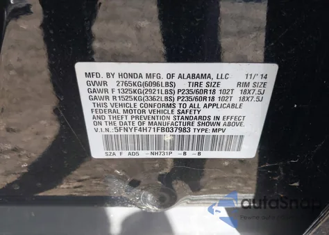 2015 Honda Pilot Ex-L из США, поврежденный, VIN 5FNYF4H71FB037983